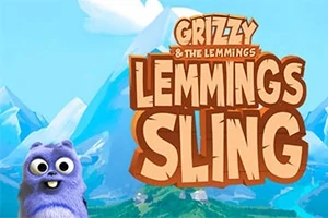 Fioletowy stworek z dużymi oczami na tle gór i nieba z napisem Lemmings Sling