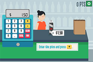 Kobieta przy kasie z kalkulatorem, butelką i papierową torbą, cena $1