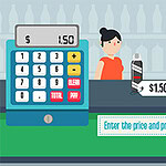 Kobieta przy kasie z kalkulatorem, butelką i papierową torbą, cena $1