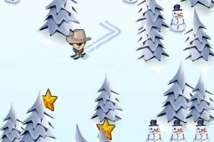 Narciarz w kapeluszu zjeżdża między ośnieżonymi drzewami i bałwanami, zbierając gwiazdki