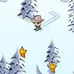 Narciarz w kapeluszu zjeżdża między ośnieżonymi drzewami i bałwanami, zbierając gwiazdki