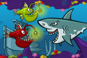 Rekin i dwie ryby z latarniami w kolorowym podwodnym świecie z wrakiem statku i koralowcami