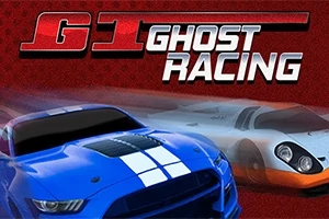 Dwa sportowe samochody w wyścigu na tle czerwonego wzoru z napisem GT Ghost Racing