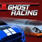 Dwa sportowe samochody w wyścigu na tle czerwonego wzoru z napisem GT Ghost Racing