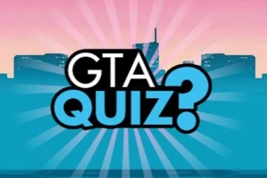Niebiesko-różowe tło miasta z napisem GTA QUIZ?