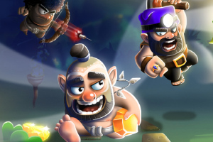 Trzech animowanych bohaterów w dynamicznych pozach, dwóch z nich ubranych w kostiumy z akcesoriami, biegnących przez fantastyczny, jasny krajobraz