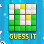 Kwadratowa siatka z kolorowymi kafelkami w odcieniach zieleni, bieli i żółci, otoczona literami na niebieskim tle z napisem GUESS IT u dołu