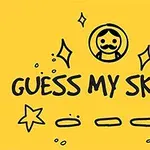 Żółte tło z napisem GUESS MY SKETCH, symbolem gwiazdy i serca oraz prostym rysunkiem postaci z wąsami
