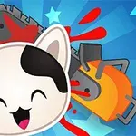 Uśmiechnięta kocia twarz na tle piły łańcuchowej z kolorowymi gwiazdami i czerwoną abstrakcyjną grafiką