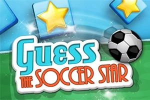 Napis Guess the Soccer Star z piłką nożną i gwiazdkami na niebieskim tle