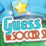 Napis Guess the Soccer Star z piłką nożną i gwiazdkami na niebieskim tle