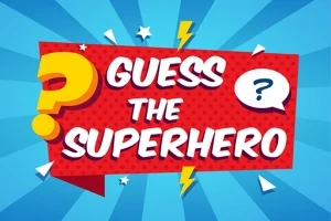 Kolorowy napis Guess the Superhero na niebieskim tle z promieniami i ikonami błyskawic oraz znakami zapytania