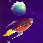 Czerwona rakieta w przestrzeni kosmicznej z Ziemią w tle na fioletowym tle