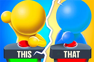 Żółta i niebieska postać wciskają czerwone przyciski po przeciwnych stronach pękniętej linii z napisami This i That