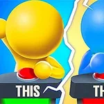 Żółta i niebieska postać wciskają czerwone przyciski po przeciwnych stronach pękniętej linii z napisami This i That