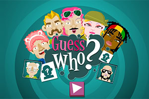 Kilka kolorowych, stylizowanych postaci z różnorodnymi akcesoriami i napis Guess Who?