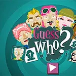 Kilka kolorowych, stylizowanych postaci z różnorodnymi akcesoriami i napis Guess Who?