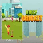 Dwóch chłopców grających w krykieta na tle miejskiego krajobrazu i plaży, z dużym napisem Gully Cricket w centrum