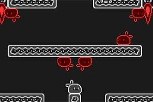 Czarny ekran z białymi i czerwonymi uproszczonymi postaciami oraz platformami