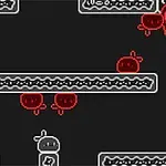 Czarny ekran z białymi i czerwonymi uproszczonymi postaciami oraz platformami