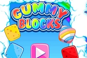 Kolorowy napis GUMMY BLOCKS otoczony chmurami, z różnokolorowymi klockami i przyciskiem odtwarzania na środku