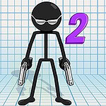 Czarny patyczak w okularach przeciwsłonecznych trzymający dwa pistolety na tle siatki z liczbą dwa