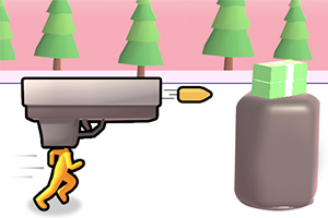 Postać biegnie w kierunku dużego pistoletu, obok stoi brązowa butelka z pieniędzmi na tle drzew