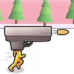 Postać biegnie w kierunku dużego pistoletu, obok stoi brązowa butelka z pieniędzmi na tle drzew