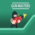 Postać ubrana na czarno trzymająca czerwoną broń na tle zieleni z napisem Gun Masters