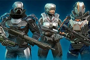 Trzech futurystycznie ubranych żołnierzy w pancerzach bojowych z hełmami i karabinami na tle niebieskiej poświaty