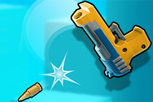 Żółto-niebieski pistolet strzelający złotym pociskiem na niebieskim tle