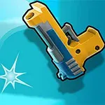 Żółto-niebieski pistolet strzelający złotym pociskiem na niebieskim tle