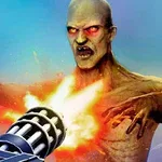 Wizerunek groźnie wyglądającego potwora z czerwonymi oczami, atakowanego za pomocą karabinu maszynowego, z wybuchami i ogniem w tle