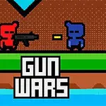 Czerwony i niebieski pikselowy ludzik stoją naprzeciw siebie na tle prostokątnych platform, z napisem Gun Wars poniżej