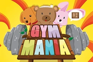 Trzy urocze zwierzęta: pies, miś i królik, stojące za kolorowym napisem Gym Mania na tle żółtych promieni z ciężarami po bokach