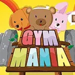 Trzy urocze zwierzęta: pies, miś i królik, stojące za kolorowym napisem Gym Mania na tle żółtych promieni z ciężarami po bokach