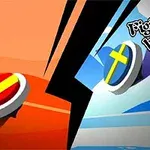 Graficzne przedstawienie zderzenia dwóch obiektów przypominających bilon, każdy z flagą, w pomarańczowo-niebieskiej kolorystyce z tekstem Fight to be Winner