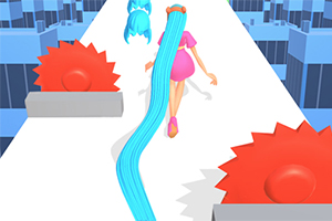 Postać z długimi niebieskimi włosami biegnąca po białej ścieżce z czerwonymi obrotowymi piłami po bokach