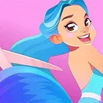 Uśmiechnięta postać kobieca z długimi niebieskimi włosami i nożyczkami na różowym tle