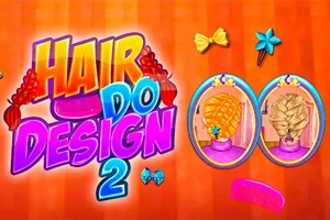 Kolorowy napis Hair Do Design 2 na pomarańczowym tle z ozdobami do włosów i dwoma fryzurami w owalnych ramkach