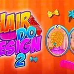 Kolorowy napis Hair Do Design 2 na pomarańczowym tle z ozdobami do włosów i dwoma fryzurami w owalnych ramkach