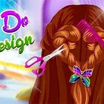 Dziewczyna z plecionymi warkoczami, fioletowym grzebieniem, nożyczkami i kolorową spinką w kształcie motyla, na tle jasnego pokoju