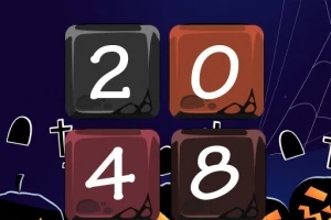 Cztery kolorowe kafelki z cyframi 2, 0, 4, 8 na tle z motywem Halloween, z dyniami i nagrobkami