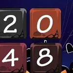 Cztery kolorowe kafelki z cyframi 2, 0, 4, 8 na tle z motywem Halloween, z dyniami i nagrobkami