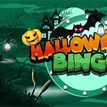 Napis Halloween Bingo z dyniami i latającym nietoperzem na tle nawiedzonego domu i cmentarza