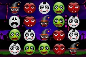 Graficzne przedstawienie różnorodnych emotikon Halloweenowych na ciemnym tle cmentarza