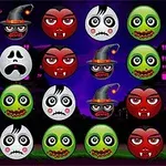 Graficzne przedstawienie różnorodnych emotikon Halloweenowych na ciemnym tle cmentarza