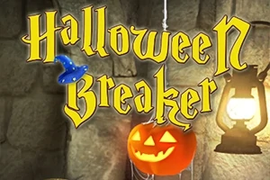 Napis Halloween Breaker w żółtej czcionce, obok świecący lampion z dyni i wisząca lampa w tle