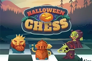 Grafika przedstawia stylizowane figury szachowe o tematyce Halloween z dynią i napisem Halloween Chess na tle ciemnego, leśnego krajobrazu
