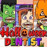 Cztery postacie o przerażających twarzach z aparatem ortodontycznym, kolorowy napis Halloween Dentist w tle
